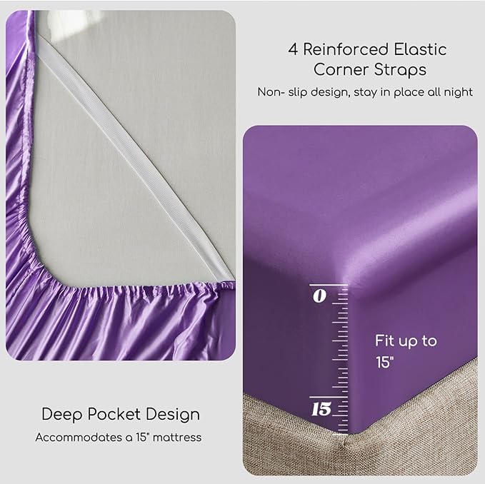 MR&HM Satin Bed Sheets, Full Size Sheets Set, 4 Pcs Silky Bedding Set with 15 Inches Deep Pocket for Mattress (Full, Lavender)