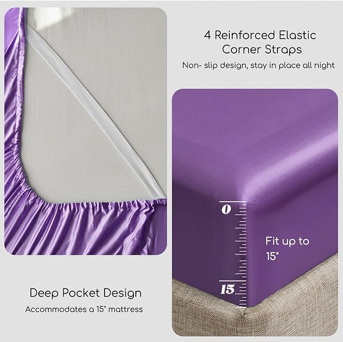 MR&HM Satin Bed Sheets, Twin XL Size Sheets Set, 3 Pcs Silky Bedding Set with 15 Inches Deep Pocket for Mattress (Twin XL, Lavender)