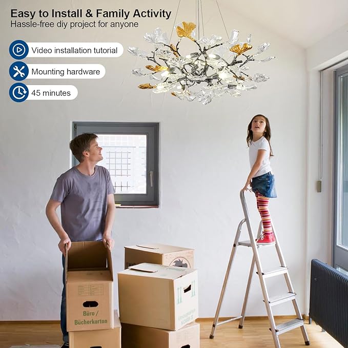 Modern Chandelier for Dining Room, Modern D31.5" Ginkgo Leaf Black Tree Branch Chandelier, Farmhouse Round Chandeliers Over Dining, Glass Lights for Living Room Bedroom Kitchen Island, 10-Light