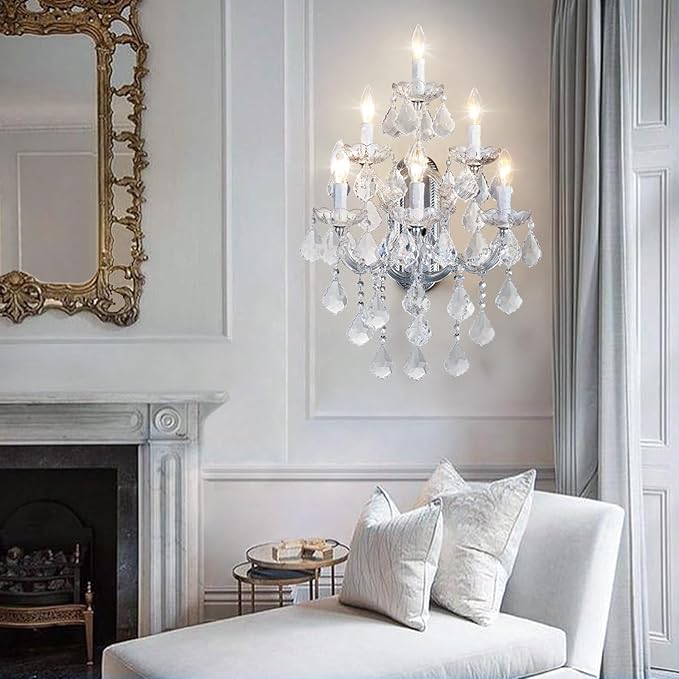 Modern Crystal Wall Sconce Lights- 6 Light Maria Theresa Crystal Wall Sconces Lighting Chrome Wall Lamp Chandelier Light Fixtures for Living Room Wall Sconce Light Walls Mounted Lamp
