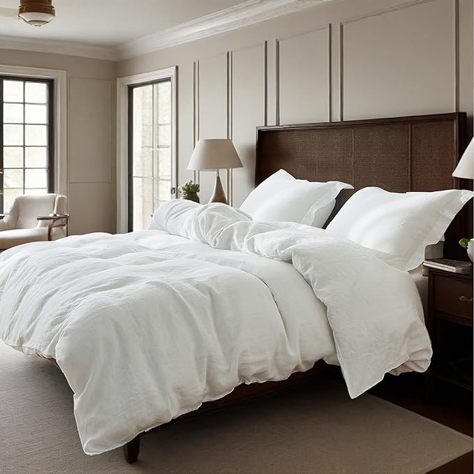 Simple&Opulence 100% Linen Duvet Cover Set, 3 PCS Natural French Flax White Duvet Cover Queen Size, Breathable Soft Comfy Linen Bedding Comforter Cover with 2 Pillowcases(White, 88"x92")