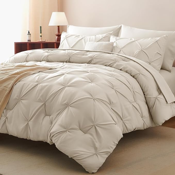 CozyLux Twin XL Comforter Set Beige, 5 Pieces Twin Extra Long Pintuck Bed in A Bag for College Dorm, Pinch Pleat Bedding Set with Comforter, Sheets, Pillowcase & Sham
