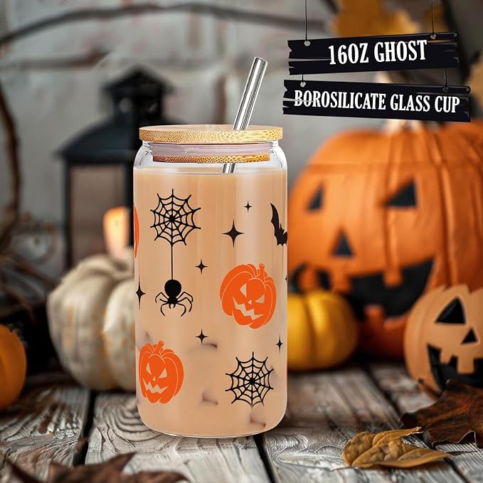 Halloween Pumpkin Boo Basket Stuffers for Adults Women, Halloween Glass with Lid and Straw, Pumpkin Mug Cute Halloweens Gifts for Women Her Sister Friend