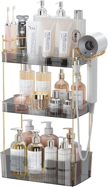 3 Tier Bathroom Organizer Countertop Makeup Perfume Skincare Organizer Comes with Hair Dryer Rack and Toothbrush Holder for Bathroom Dresser Vanity (Grey)