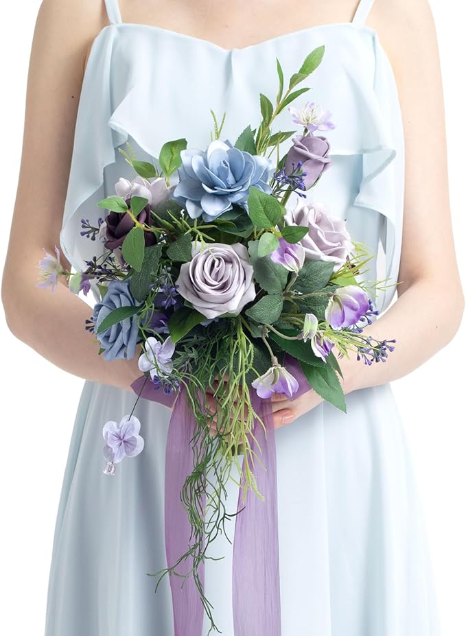 Ling's moment Bridesmaid Bouquet, Sage Purple & Provence Wedding Bouquets for Bridesmaids, 7 Inch Bridal Bouquets for Bridesmaids, Wedding, Ceremony, Anniversary, etc.