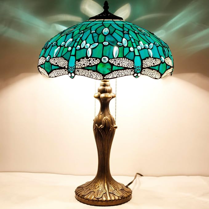 WERFACTORY Tiffany Table Lamp Green Stained Glass Dragonfly Bedside Lamp 16X16X24 Inches Desk Reading Light Metal Base Decor Bedroom Living Room Home Office S622 Series
