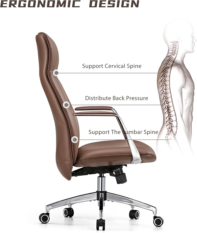 EUREKA ERGONOMIC Royal Slim Executive High Back Brown Leather Office Chair, Home Desk Chair for Adults, Big and Tall with Wheels, Swivel Rolling