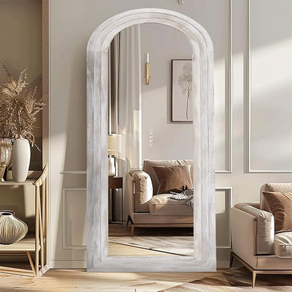 Arched Full Length Mirror with Solid Wood Frame, 71x32 Farmhouse Wall Mirror Full Length with Stand, Vertical Hanging, Leaning Standing for Bedroom, Living Room, Rustic White