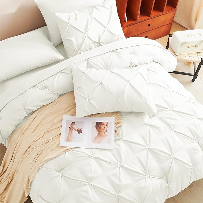 CozyLux Full Size Comforter Sets Ivory, 7 Pieces Pintuck Bed in A Bag Ivory Comforter Full Size, Pinch Pleat Bedding Sets with All Season Comforter, Sheets, Pillowcases & Shams