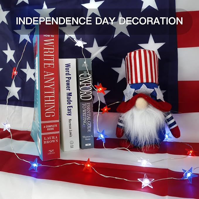 suddus 4th of July Decorations Red White and Blue String Lights Battery Operated 40 Led Star Fairy Lights for Independence Day Memorial Day