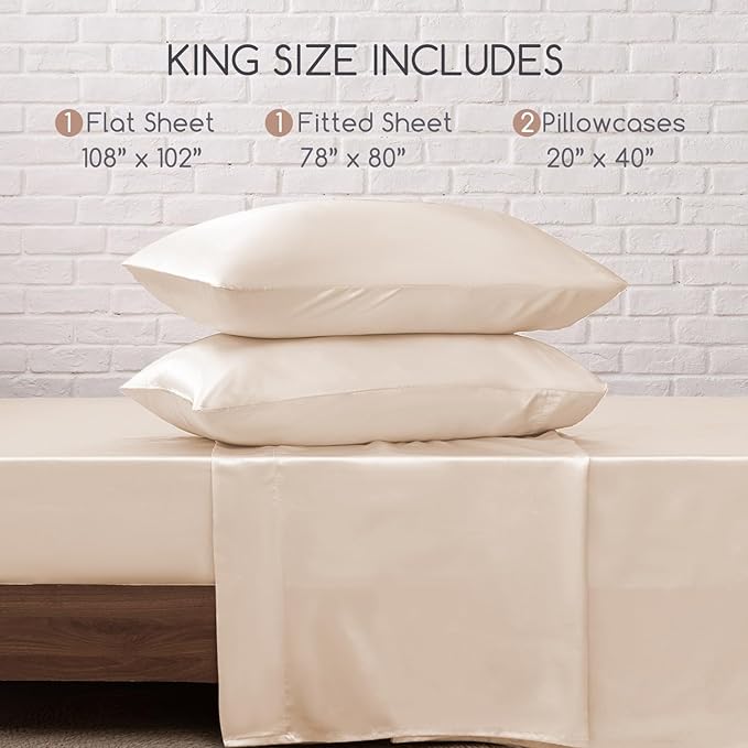 MR&HM Satin Bed Sheets, King Size Sheets Set, 4 Pcs Silky Bedding Set with 15 Inches Deep Pocket for Mattress (King, Beige)
