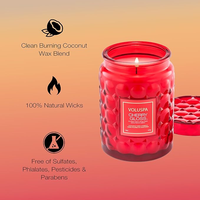 Voluspa Cherry Gloss Large Jar Candle, 18 oz, Coconut Wax Blend, Scented Candles for Home, 100 Hour Burn Time, Fruity Candle, Handcrafted in The USA