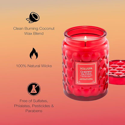 Voluspa Cherry Gloss Large Jar Candle, 18 oz, Coconut Wax Blend, Scented Candles for Home, 100 Hour Burn Time, Fruity Candle, Handcrafted in The USA