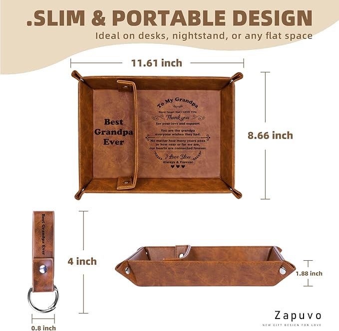 Best Grandpa Ever PU Leather Tray and Keychain, Unique Grandpa Gifts for Christmas Xmas from Grandchildren, Sentimental Gifts for Birthday for Grandpa from Granddaughter Grandson Fathers Day