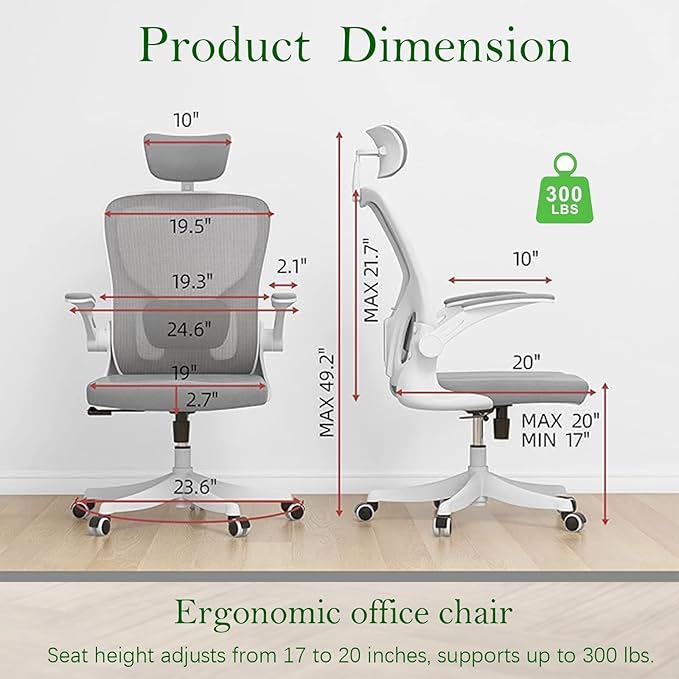 Ergonomic Office Chair, High-Back Mesh Desk Chair with Adjustable Height, Lumbar Support, Flip-Up Armrests,headrest，and Swivel Rolling Design for Home and Office Use