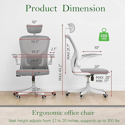 Ergonomic Office Chair, High-Back Mesh Desk Chair with Adjustable Height, Lumbar Support, Flip-Up Armrests,headrest，and Swivel Rolling Design for Home and Office Use