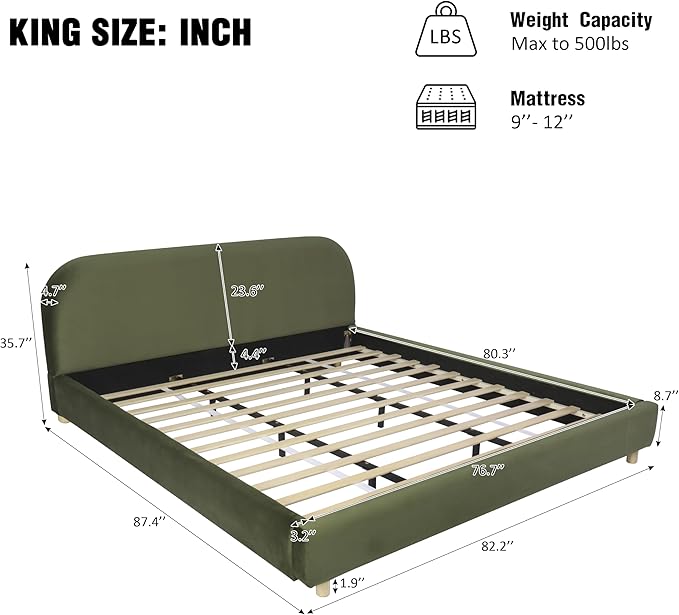 Green King Size Bed Frame, Upholstered Cloud Boucle Platform Beds Frames with Headboard, Anti-Collision Soft Rounded Corners Footboard, No Box Spring Required, Easy Assembly (Olive Green, King)