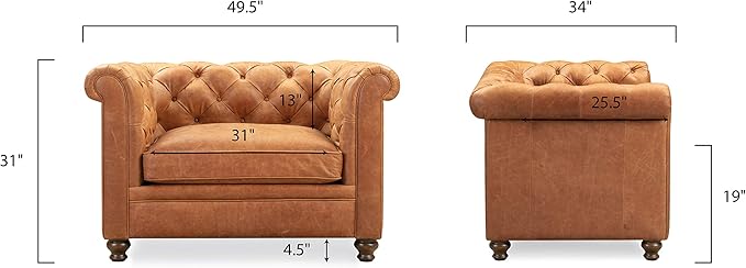 POLY & BARK Lyon Leather Lounge Chair 49" – Cognac Tan Full-Grain Leather Upholstery – Modern Upholstered Accent Chair for Living Room or Bedroom – Indoor Lounge Seating with Lasting Comfort