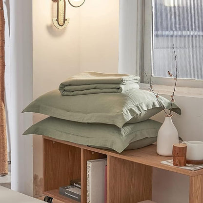 Simple&Opulence 100% Linen Duvet Cover Set 2pcs Natural French Basic Style Washed Flax Solid Color Breathable Soft Farmhouse Bedding with Button Closure (Sage Green, Twin)