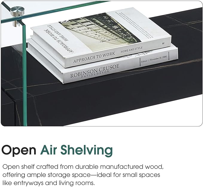 ivinta Glass Console Table with Storage, 31.5'' Modern Narrow Sofa Table for Small Space with Natural Wood Shelves for Living Room, Hallway, Foyer, Bedroom 5103 (Black)