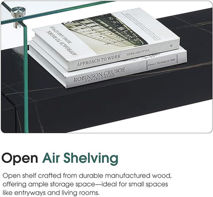 ivinta Glass Console Table with Storage, 31.5'' Modern Narrow Sofa Table for Small Space with Natural Wood Shelves for Living Room, Hallway, Foyer, Bedroom 5103 (Black)