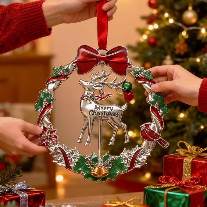 Christmas Ornament 2025 for Tree Hanging Decorations Dated 2025 Christmas Wreath Ornament with Rotatable Reindeer Metal Xmas Ornament for Holiday Decorative Keepsake Gifts