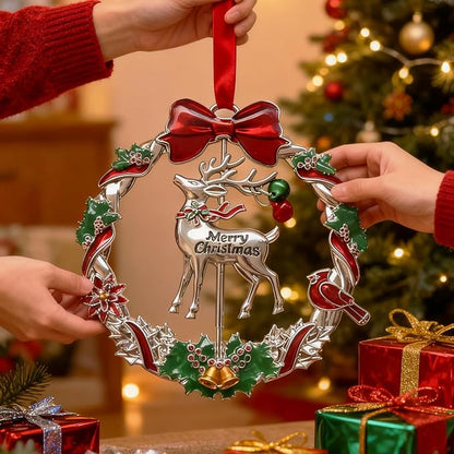 Christmas Ornament 2025 for Tree Hanging Decorations Dated 2025 Christmas Wreath Ornament with Rotatable Reindeer Metal Xmas Ornament for Holiday Decorative Keepsake Gifts