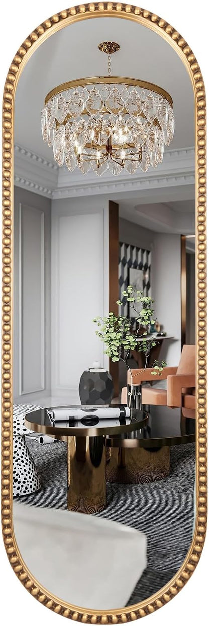 Oval Full Length Wall Mirror, 16"x47" Metal Beaded Frame Large Hanging Dressing Floor Mirror for Bedroom, Living Room, Entryway, Antique Gold (No Stand)