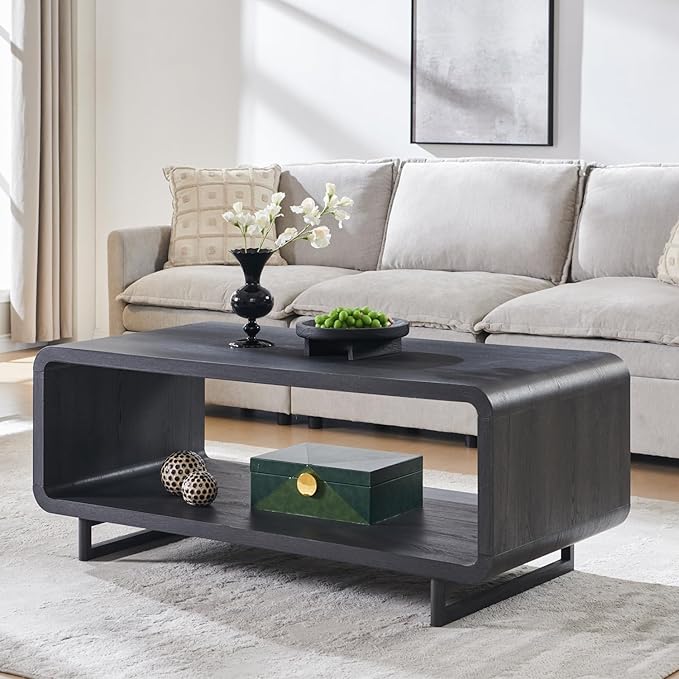48" Modern Coffee Table, 2-Tier Minimalist Center Table with Storage Shelf, Curved Profile Design, Wooden Rectangular Living Room Table w/Wood Thick Design for Living Room, Office, Dark Grey
