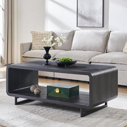 48" Modern Coffee Table, 2-Tier Minimalist Center Table with Storage Shelf, Curved Profile Design, Wooden Rectangular Living Room Table w/Wood Thick Design for Living Room, Office, Dark Grey