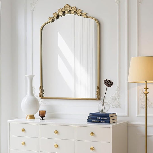 WallBeyond Gold Antique Mirror for Vanity 28x36 Inch, Gold Vintage Mirror with Ornate Frame, Arched Vintage Wall for Bathroom, Living Room, Fireplace