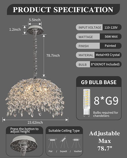 Modern Crystal Chandelier for Dining Room, 8-Light 23.62" Chrome Tree Branch Chandeliers, Luxury K9 Crystal Rectangular Chandeliers for Kitchen Island Living Room