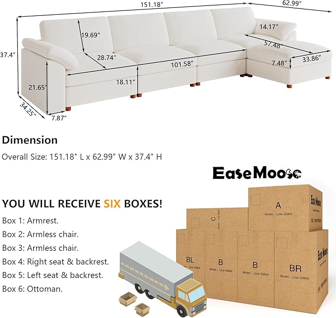 EASE MOOSE Extra Large Modular Sectional Sofa, Modern Oversized L Shape Sectional Couch,Comfty Deep Seat Chenille Modular Sofa with Ottoman,White