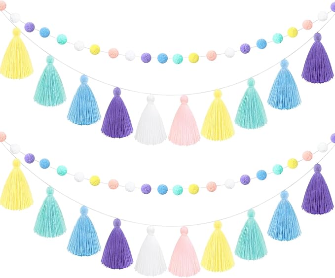Syhood 4 Pcs Christmas Pom Pom Tassel Garland Felt Pompom Ball Banner Christmas Tassel Garland for Xmas Tree Hanging Decorations Party Supplies Home Decor(Pastel Colors)
