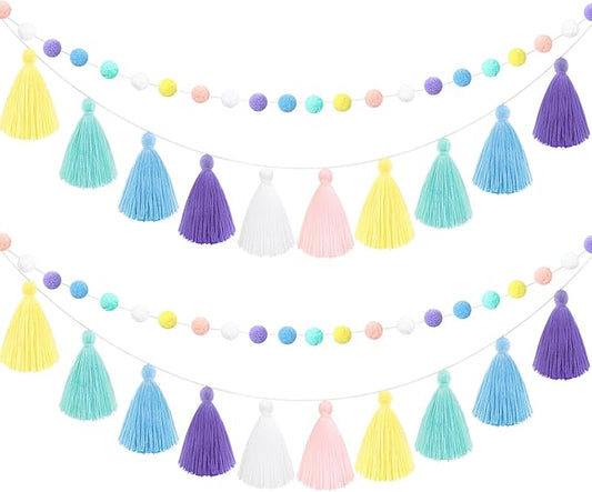 Syhood 4 Pcs Christmas Pom Pom Tassel Garland Felt Pompom Ball Banner Christmas Tassel Garland for Xmas Tree Hanging Decorations Party Supplies Home Decor(Pastel Colors)