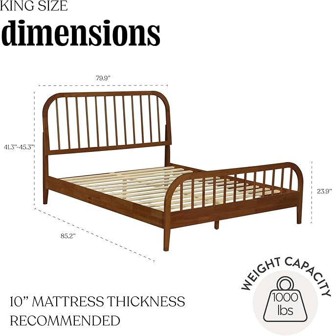 DG Casa Wesley Solid Wood King Size Bed Frame - Mid Century Modern Style, Platform with Spindle Headboard and Footboard, No Box Spring Required, Walnut Finish