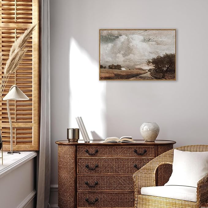 KBKBART Framed Canvas Wall Art, Vintage Wall Art European Landscape Oil Painting, Rustic Farmhouse Decor Country Landscape Print, Vintage Art Pictures for Bathroom Wall Decor Bedroom Living Room