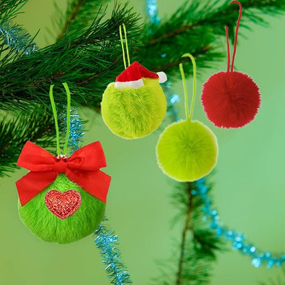 6 Pack Lime Green Furry Christmas Ball Ornaments with Santa Hat, 2.36 Inches Soft Fluffy-Pom-Pom Xmas Tree Hanging Decor for Holiday Home Party Fireplace Wall Decoration(Santa Hat)