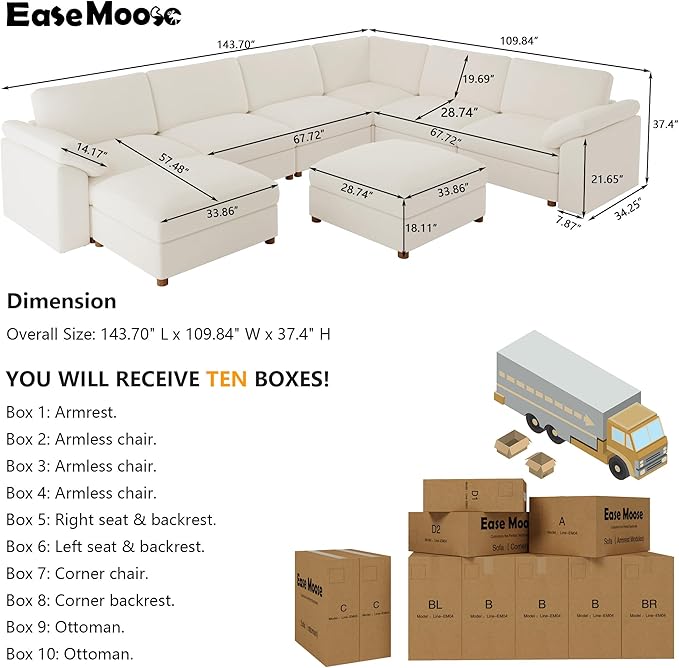 EASE MOOSE Oversized Sectional Modular Sofa,U Shape Sectional Modular Couch Wide Deep seat Sofa,FSC Certified Chenille Modular Couch,White