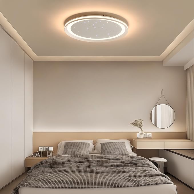 19inch Bedroom LED Ceiling Light, Round Modern Flush Mount Ceiling Light, Night Star Design, Dimmable 3000K-6000K, 70W, Minimalist Office Lamp for Living Room, Study, Kitchen, Bathroom