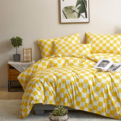 CLOTHKNOW Yellow White Grid Queen Comforter Set Plaid Bedding Comforter Sets Checker Queen Comforter Light Yellow Queen Size Comforter Sets