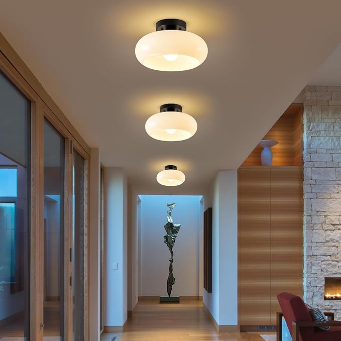 Mid-Century Modern Semi Flush Mount Ceiling Light, Metal Kitchen Light Fixture with Glass Shade,Vintage White and Black Colse to Ceiling Lamp for Entryway Hallway Bathroom (11.0 Inch)