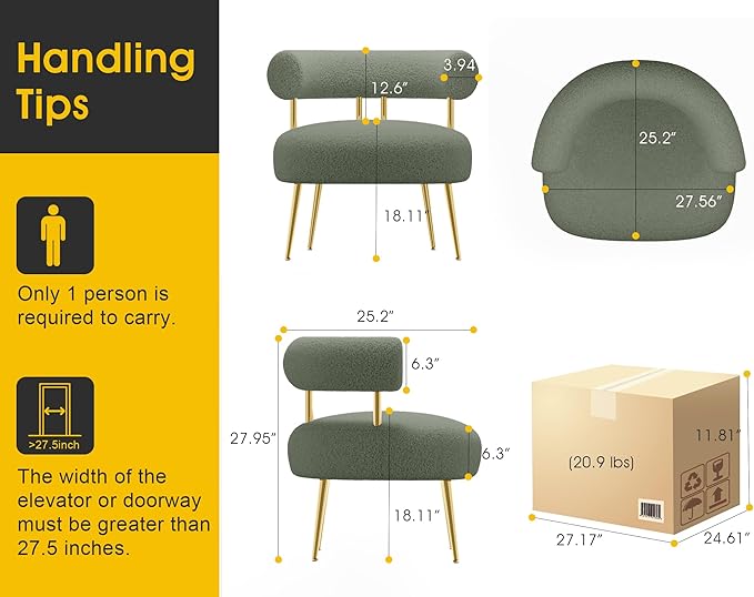 Mid Century Sherpa Boucle Accent Chair, Round Upholstered Barrel Arm Chair for Small Spaces, Fluffy Side Corner Chair for Living Room, Bedroom, Vanity, Office, Reading Nook(Green)