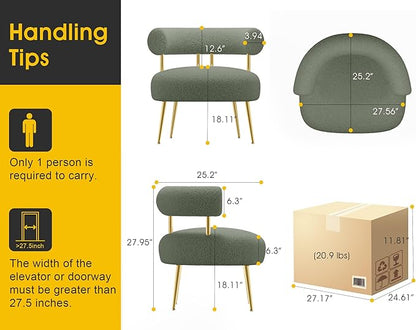 Mid Century Sherpa Boucle Accent Chair, Round Upholstered Barrel Arm Chair for Small Spaces, Fluffy Side Corner Chair for Living Room, Bedroom, Vanity, Office, Reading Nook(Green)