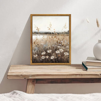 KBKBART Vintage Wall Art Framed, Retro Countryside Autumn Wildflower Field Landscape Canvas Painting Farmhouse Decor Wall Art, Rustic Fall Landscape Bathroom Wall Decor for Bedroom Living Room,