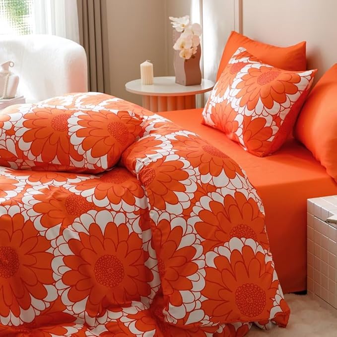 CLOTHKNOW Sunflower Comforter Set King Size Orange Whtie Bedding Comforter Sets Rust Flower Comforter Botanical Comforter Sets