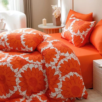 CLOTHKNOW Sunflower California King Comforter Set 3Pcs Orange Whtie Bedding Comforter Sets Rust Flower Comforter Botanical Comforter Sets Lightweight