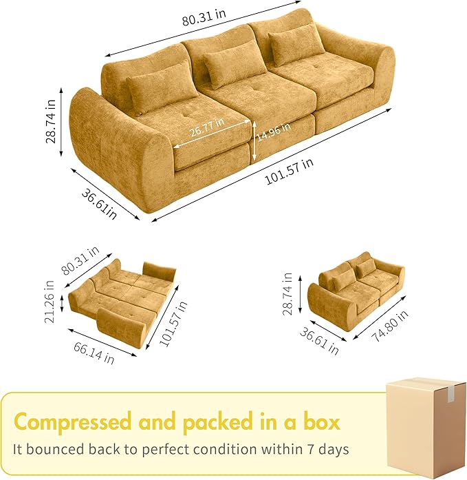 101.6" Modular Sectional Cloud Sofa,Floor Boneless Couch, 4-in-1 Folding Convertible Sofa Bed, Modular Cushion Couch,Suitable for Living Room,Bedroom and Recreation Room(Yellow)