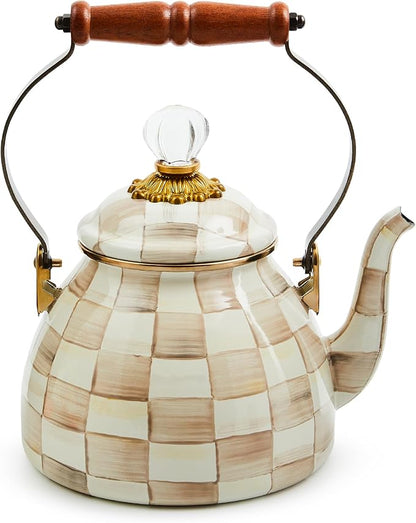 MACKENZIE-CHILDS Enamel Tea Kettle, Stylish Tea Kettle for Stovetop, Brown-and-White Mocha Check, 2 Quarts
