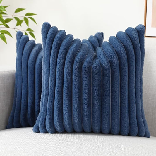decorUhome Faux Fur Throw Pillow Covers 26x26 Set of 2, Decorative Soft Plush Striped Neutral Euro Pillow Covers with Velvet Back for Bed, Living Room Home Decor, Blue
